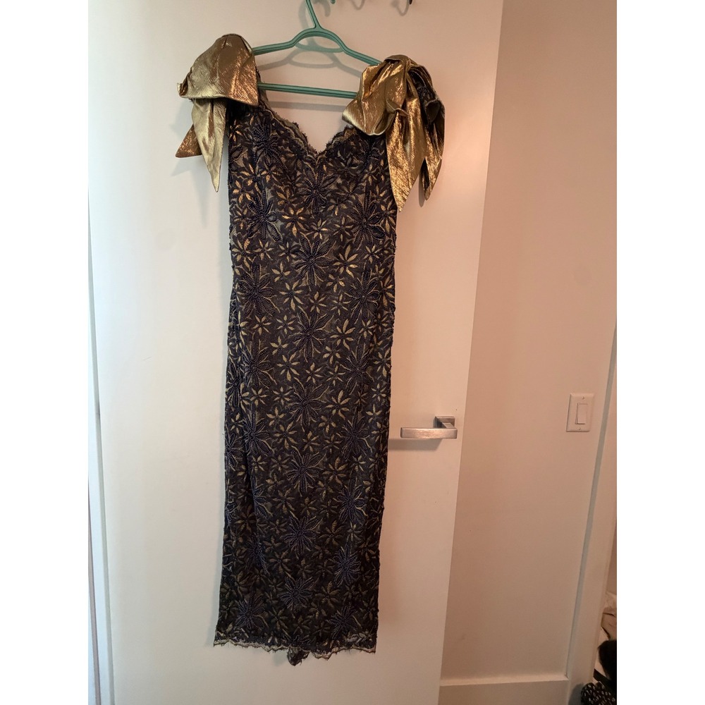 Vintage Beaded Maxi Dress Gold Black Lace Bow Shoulder Formal Gown Evening 80s